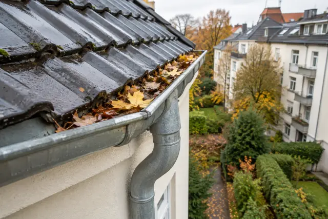 Herbstlaub in einer Regenrinne mit angeschlossenem Fallrohr an einem Berliner Wohnhaus