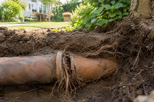 Feine Baumwurzeln an einer beschädigten unterirdischen Abwasserleitung auf einem begrünten Grundstück