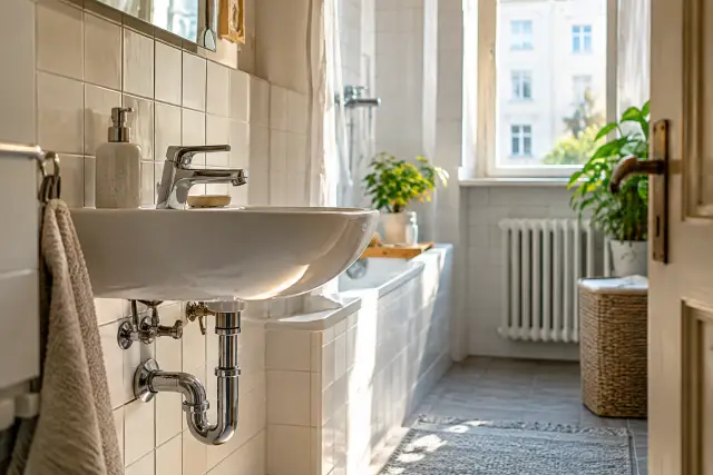 Waschbecken mit sauber sichtbarem Siphon und Abfluss in einem Berliner Badezimmer